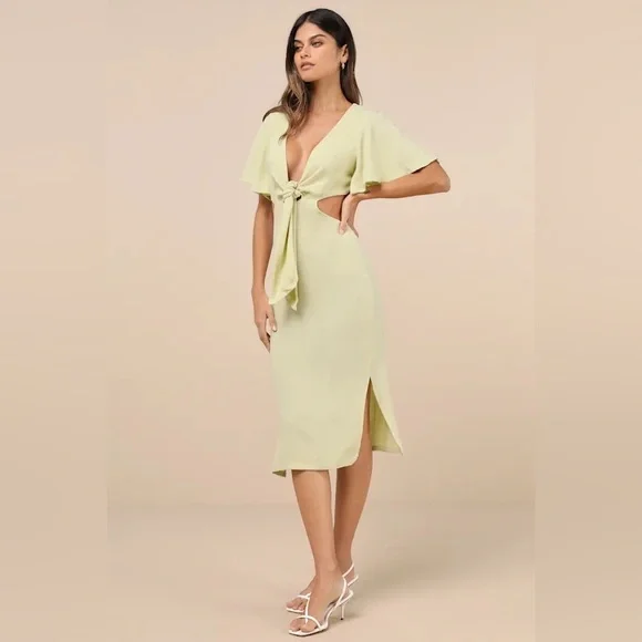 Lulus Summer Journey Light Green Tie-Front Linen Cutout Midi Dress - Picture 6 of 9